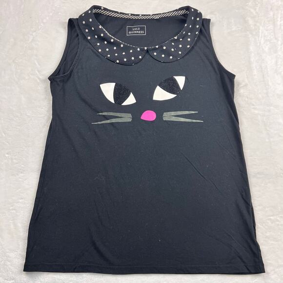 Lulu Guinness Uniqlo Retro Rockabilly Cat Face Polka Dot Collared Tank Top Lrg - Picture 1 of 8